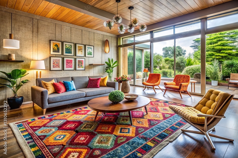 Fototapeta premium Mid-Century Modern Rug Photography: Stylish Area Rugs in Architectural Settings