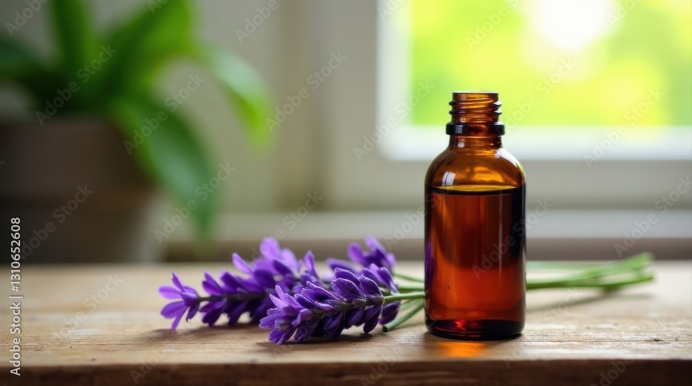 Amber bottle of essential oil next to sprigs of lavender on rustic wooden surface near window with soft natural light Amber bottle of essential oil next to sprigs of lavender on rustic wooden surface near window with soft natural light