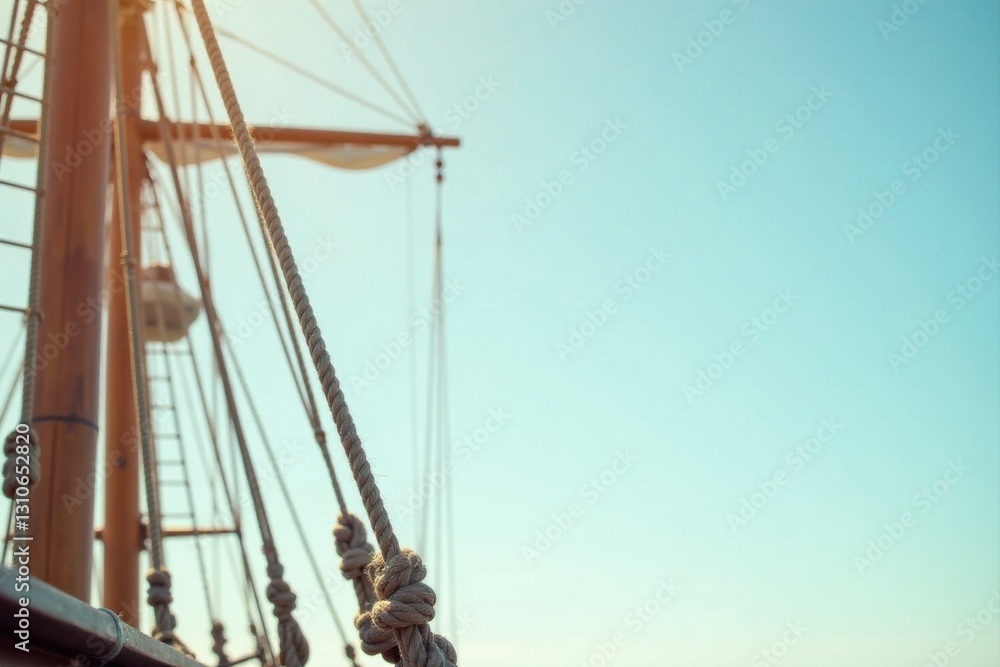 Close-up View of Nautical Ropes and Wooden Mast on a Sailing Vessel Under a Serene Sky Close-up View of Nautical Ropes and Wooden Mast on a Sailing Vessel Under a Serene Sky