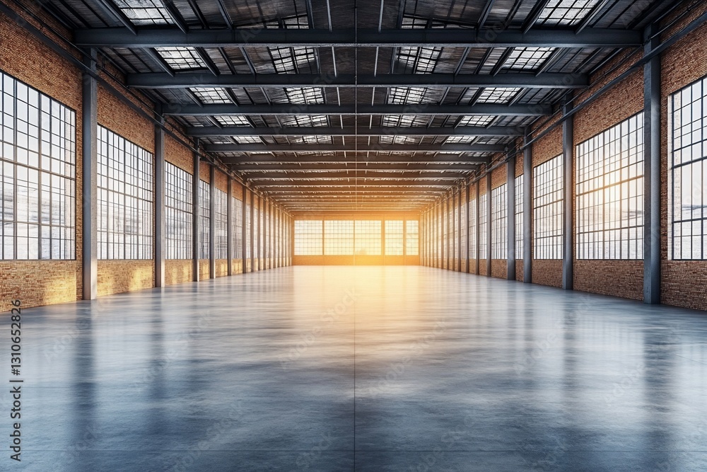 Vast industrial warehouse interior with brick walls, large windows, and polished concrete floor, sunlit. Vast industrial warehouse interior with brick walls, large windows, and polished concrete floor, sunlit.