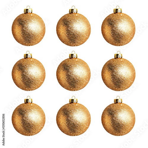 Glitter gold Christmas balls, each sparkling with bright metallic shine, arranged for holiday decor The balls are isolated on white background