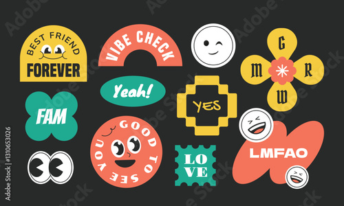 Groovy cartoon stickers, patch, label collection. Y2k style character geometric with gen z and millenials slang words.