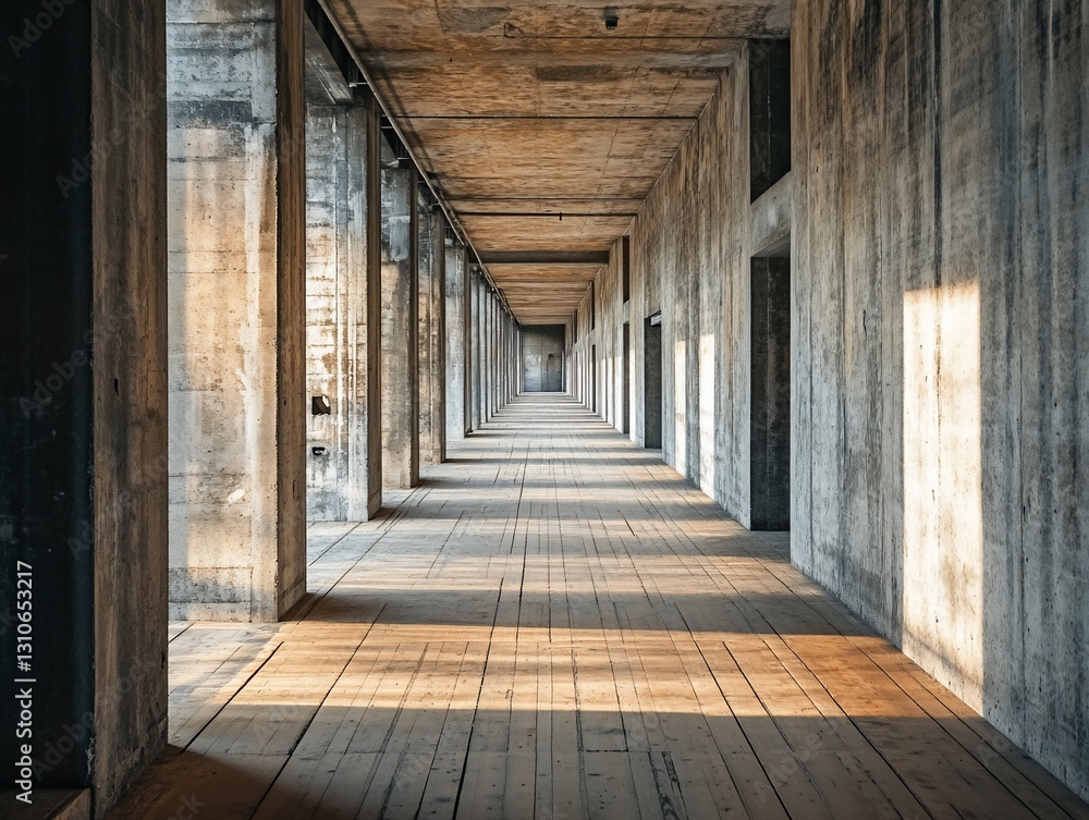 Sunlit concrete corridor with wooden floor, long perspective. Sunlit concrete corridor with wooden floor, long perspective.
