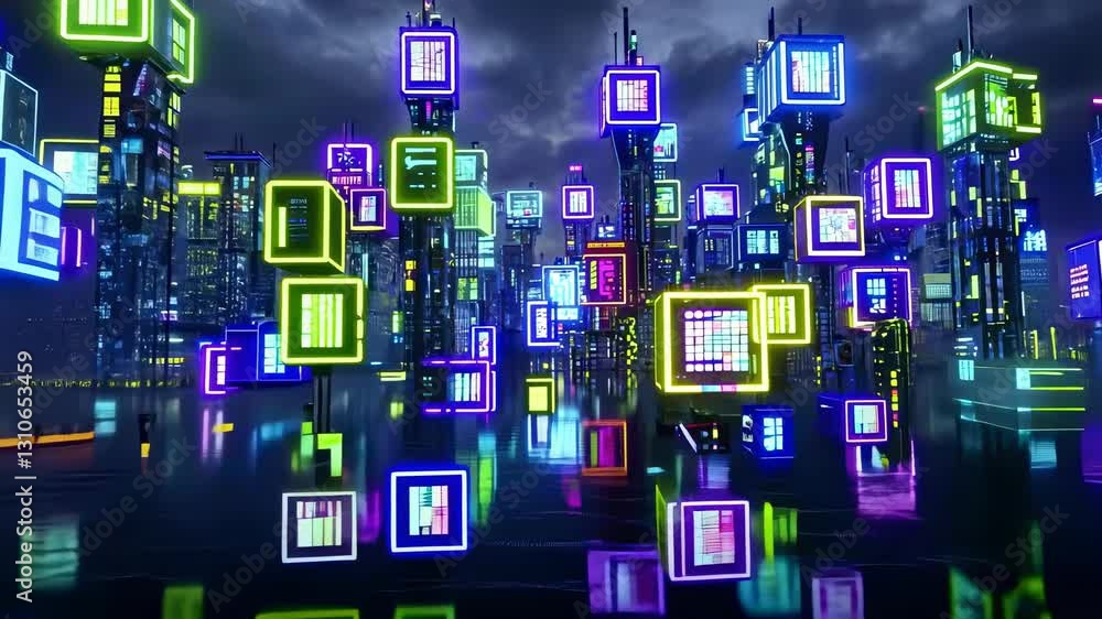 Futuristic cityscape with vibrant neon lights and digital screens Futuristic cityscape with vibrant neon lights and digital screens