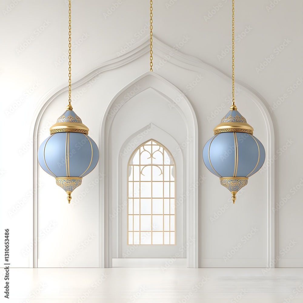 Obraz premium Islamic archway, hanging lanterns, white interior