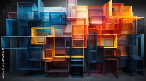 Abstract Colorful Geometric Structure: Interlocking Translucent Cubes and Rectangles in a Modern Art Installation