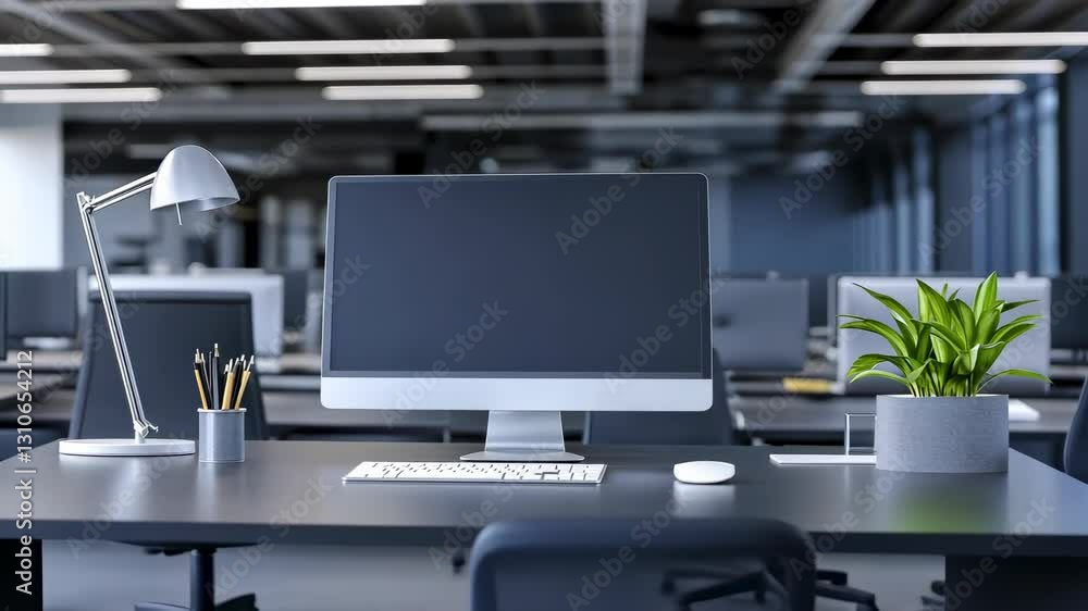 Minimalist office workspace with modern desk and technology Minimalist office workspace with modern desk and technology