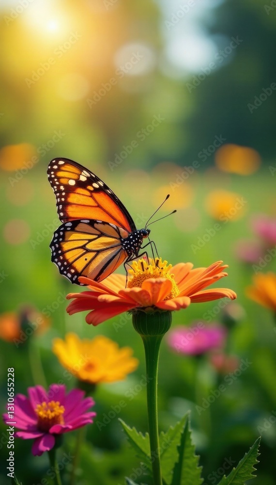 A beautiful butterfly sitting on a colorful flower in a sunlit meadow, vibrant, flowers, meadow A beautiful butterfly sitting on a colorful flower in a sunlit meadow, vibrant, flowers, meadow