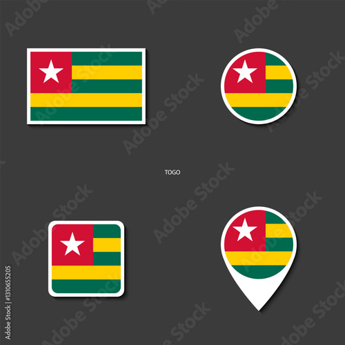 Togo flag icon set in different shape (rectangle, circle, square and marker icon) on dark grey background. Togo sticker icon collection on barely dark background	
