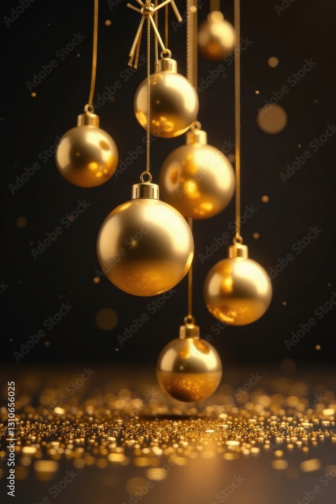 A cluster of gold ornaments suspended in mid-air on a dark gold surface, holiday decor, ornament clusters, golden baubles A cluster of gold ornaments suspended in mid-air on a dark gold surface, holiday decor, ornament clusters, golden baubles