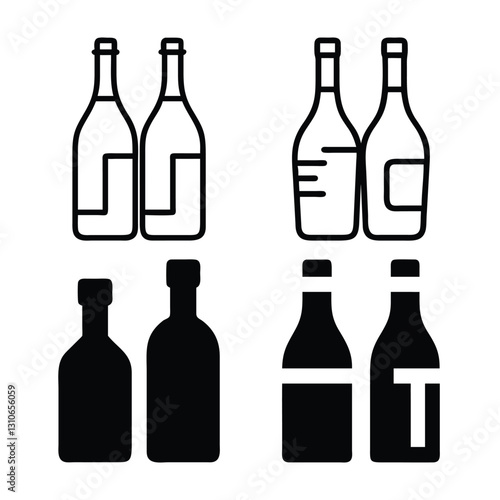  Wine Bottles in Two Different Styles: Outline and Solid Fill