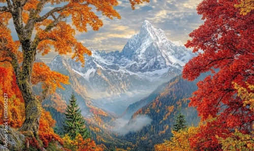 Autumn mountain valley scene with colorful foliage and snowy peaks