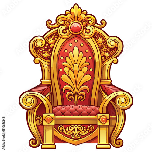 Render a majestic throne chair, emphasizing strong, bold contours and intricate carvings.  Show rich, dark wood and luxurious fabric.