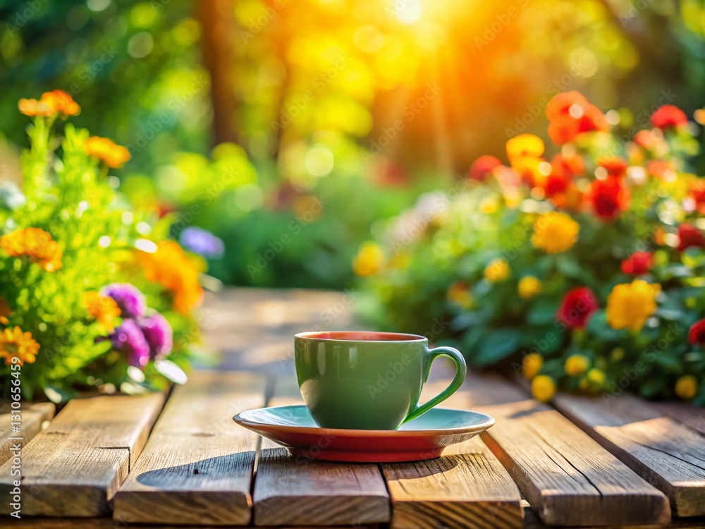 Miniature Garden Scene: Coffee Cup on Rustic Wooden Table, Tilt-Shift Photography Miniature Garden Scene: Coffee Cup on Rustic Wooden Table, Tilt-Shift Photography
