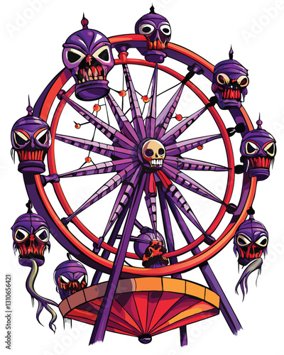 A grotesque Ferris wheel, rusted and decaying, with skeletal figures trapped within its carriages.  Dark, gothic, macabre carnival scene.