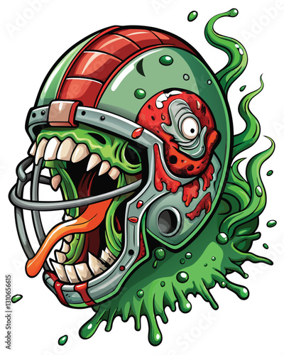 A grotesquely cracked football helmet, revealing oozing, viscous, green matter inside.  Detailed texture and lighting.