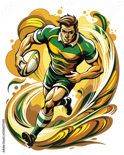 A powerful rugby player, muscles straining, charges forward, a swirling cloud of dust and earth erupting around him.