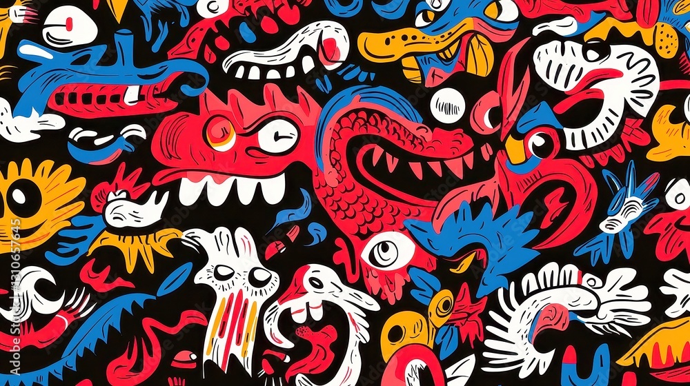 Slavic Mythological Beasts Pattern, featuring legendary creatures in traditional style, bold black outlines, solid colors, geometric design, cool neon-lit color palette. Slavic Mythological Beasts Pattern, featuring legendary creatures in traditional style, bold black outlines, solid colors, geometric design, cool neon-lit color palette.