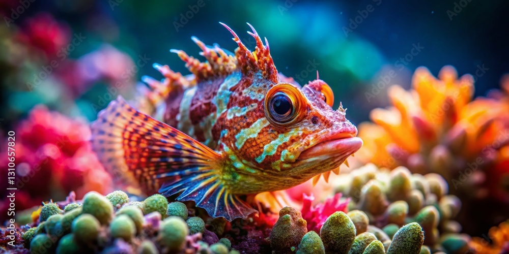 Miniature Leaf Scorpionfish in Vibrant Coral Reef, Tilt-Shift Photography Miniature Leaf Scorpionfish in Vibrant Coral Reef, Tilt-Shift Photography