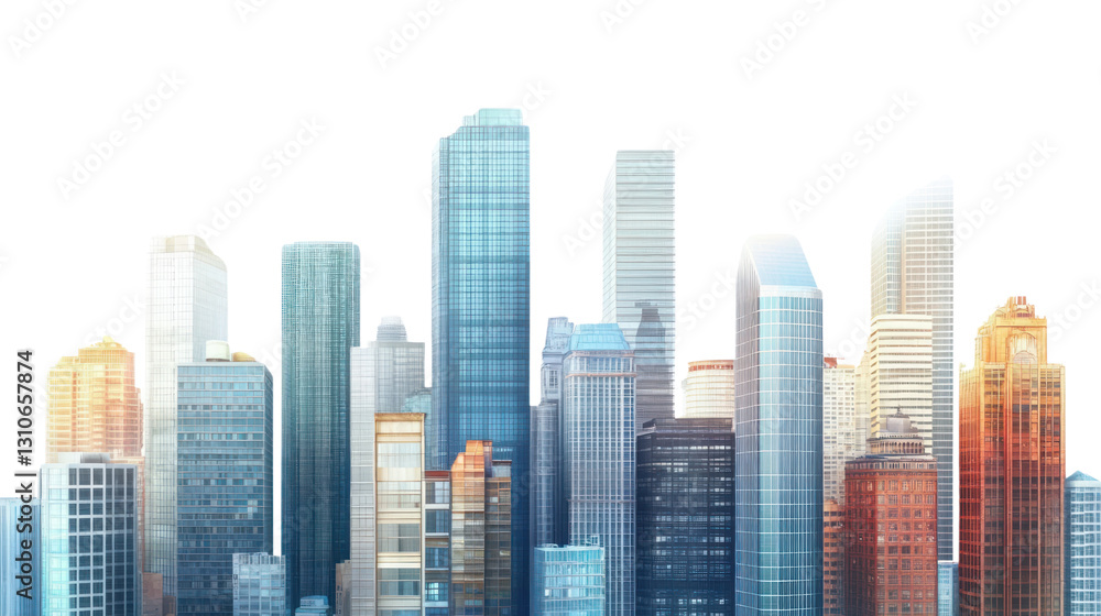A vibrant skyline showcasing modern skyscrapers against a white isolate background. A vibrant skyline showcasing modern skyscrapers against a white isolate background.