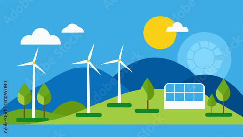 Solar Panels and Wind Turbines A landscape with solar panels and wind turbines under a clear blue sky ing renewable energy solutions to combat climate change.