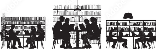 Silhouette set of students studying in a library, surrounded by bookshelves vector silhouette