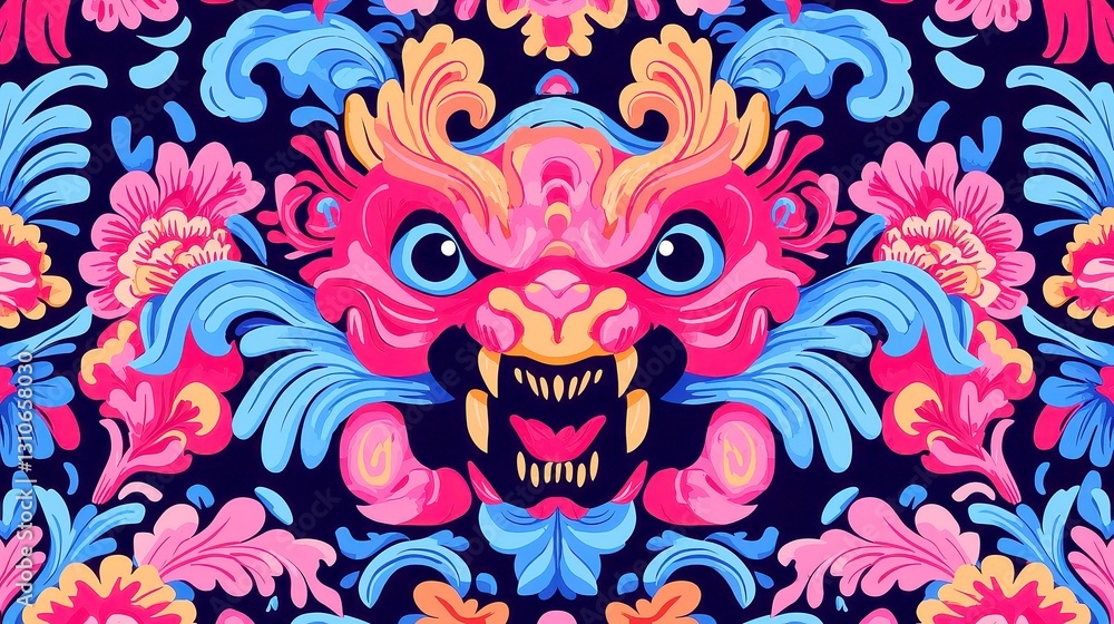 Sri Lankan Traditional Art Vector Design, seamless pattern featuring floral and mythological elements, bold outlines, solid colors, geometric style, cool neon palette Sri Lankan Traditional Art Vector Design, seamless pattern featuring floral and mythological elements, bold outlines, solid colors, geometric style, cool neon palette