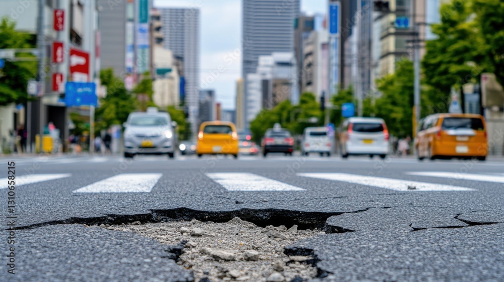 Obraz premium Broken asphalt road in city, blurred traffic in background, pedestrian crossing is visible.