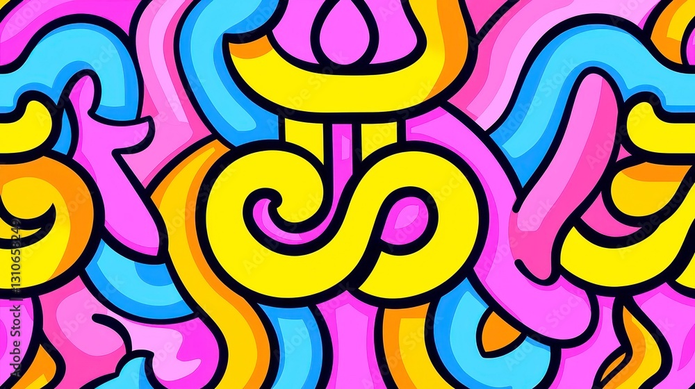 Tibetan Om Symbol Pattern, harmonious spiritual motifs for meditation, bold black outlines, vibrant cool neon colors, geometric pop art style, ideal for design projects. Tibetan Om Symbol Pattern, harmonious spiritual motifs for meditation, bold black outlines, vibrant cool neon colors, geometric pop art style, ideal for design projects.