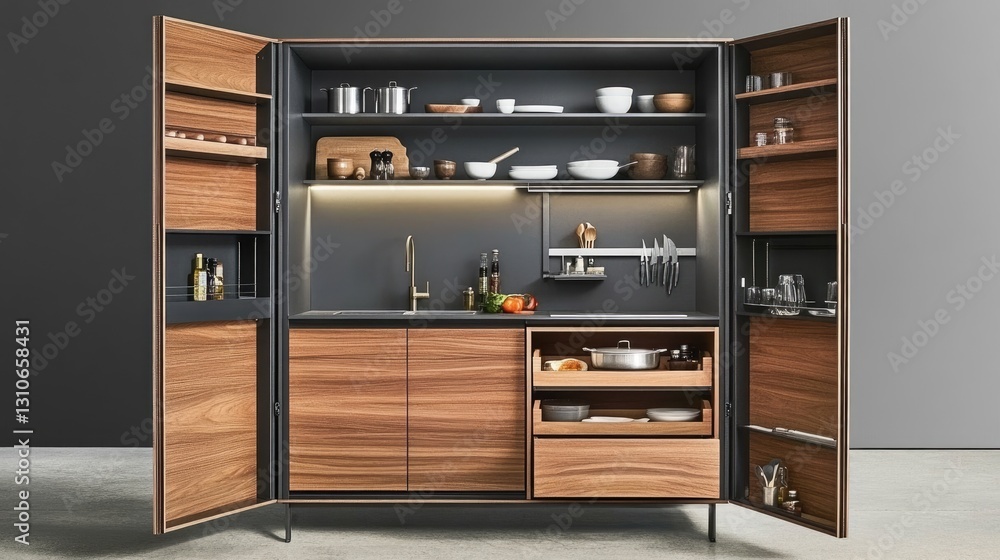 Compact and efficient kitchen with smartly arranged storage and modern finishes. Compact and efficient kitchen with smartly arranged storage and modern finishes.