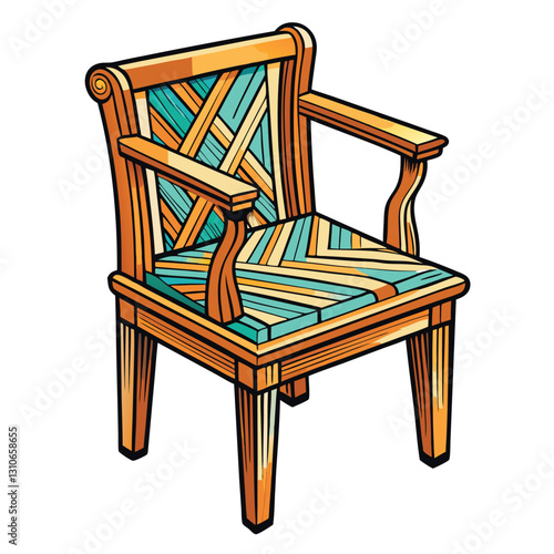 Render a highly detailed image of a rustic wooden chair, showcasing bold, contrasting lines and intricate wood grain texture.  Emphasis on realism and texture.