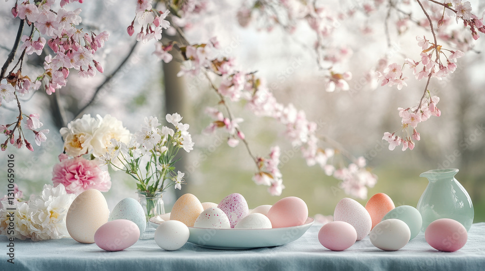 Easter background with pastel-colored eggs and cherry blossoms on a table Easter background with pastel-colored eggs and cherry blossoms on a table