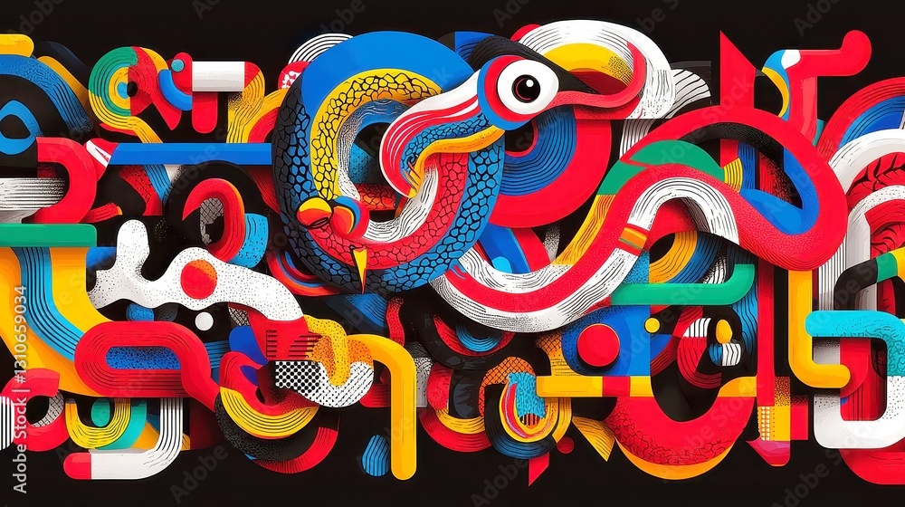 Naklejka premium Aboriginal Rainbow Serpent Vector Art, bold black outlines, seamless Dreamtime-inspired design, geometric style, cool neon color palette, ideal for contemporary art projects