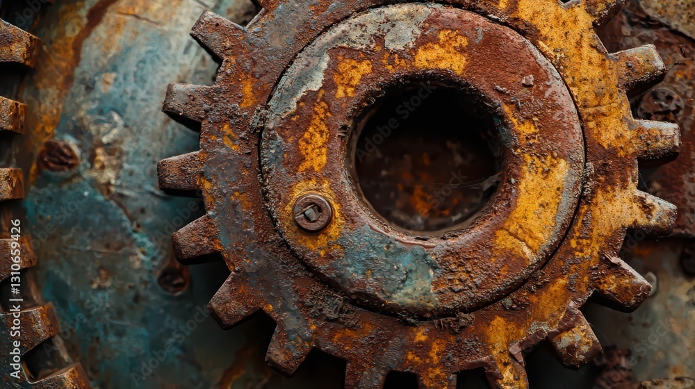 Detailed Close-Up of a Rusted Circular Gear with Textured Surface Detailed Close-Up of a Rusted Circular Gear with Textured Surface
