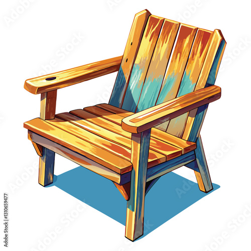 A weathered wooden porch chair, showing bold, chunky construction and peeling paint, sits invitingly.  Capture the texture and detail.