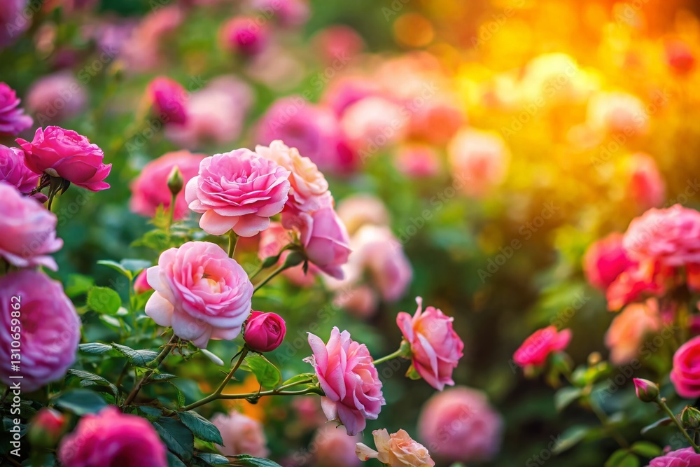 Fototapeta premium Miniature Pink Rose Garden: Tilt-Shift Photography of Colorful Variegated Roses