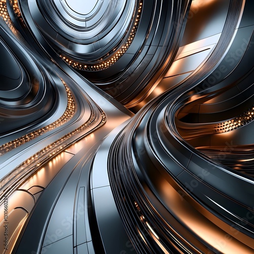 Mesmerizing Spiral of Metallic Shapes in Dynamic Abstract Digital Composition
