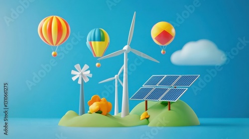 A serene countryside with wind turbines and solar farms