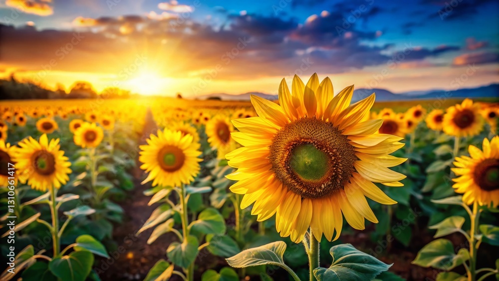 Fototapeta premium Miniature Spring Sunflower Field, Tilt-Shift Photography, Vibrant Yellow Blooms