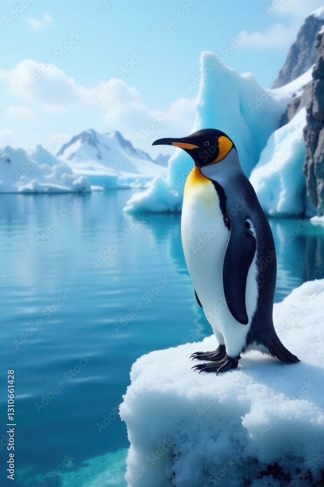 Fototapeta premium Arctic penguin standing on icy cliff, north pole, frozen, icy