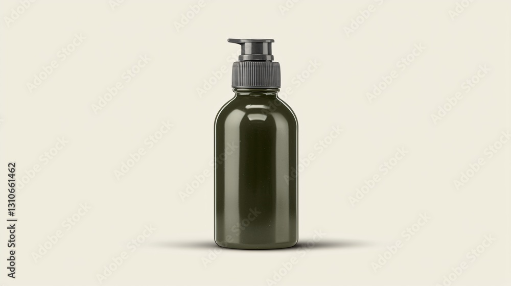 Dark-green bottle, pump dispenser, clean background, product packaging mockup Dark-green bottle, pump dispenser, clean background, product packaging mockup