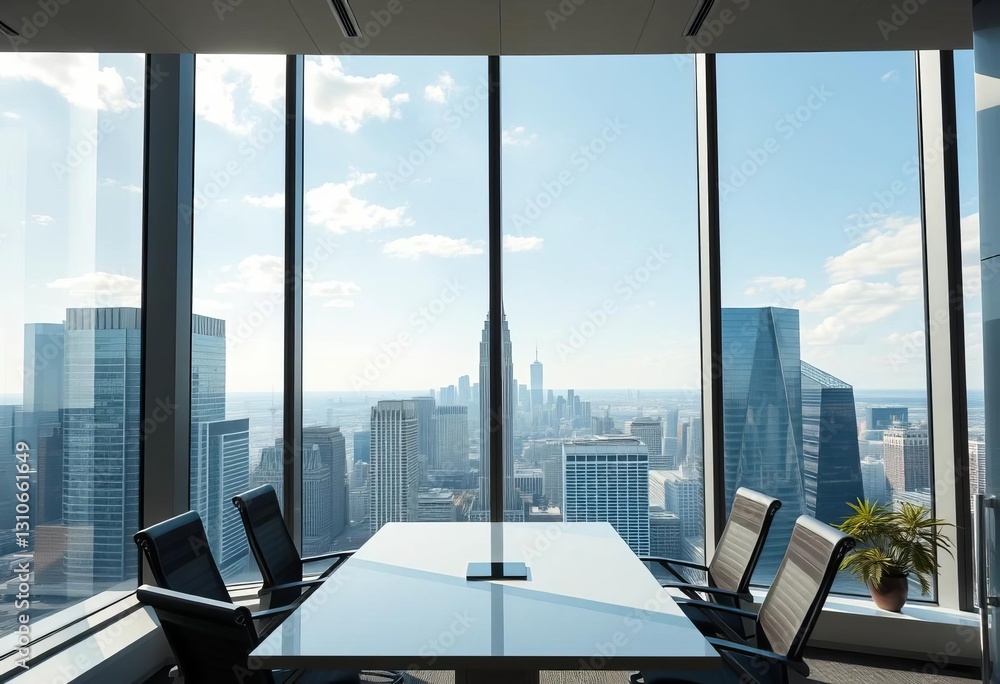 Fototapeta premium Modern office with panoramic downtown city view from skyscraper window, ambition, skyscraper