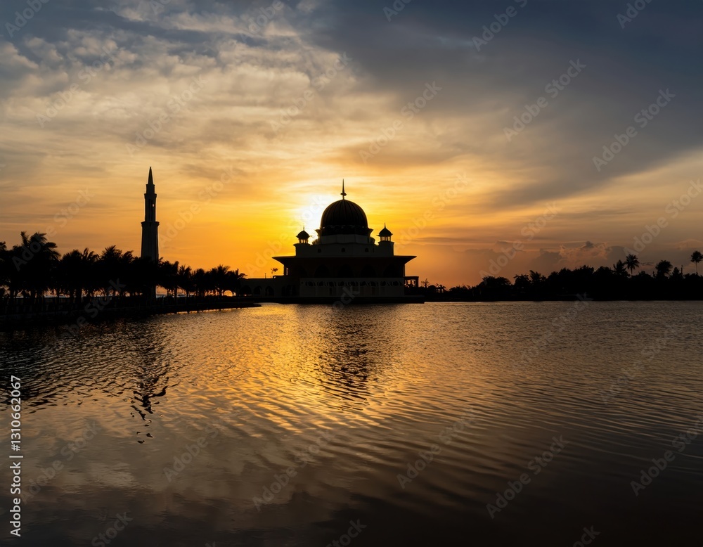 Obraz premium Silhouette of Kuala Terengganu Mosque at Sunset with Reflection: Peaceful Sunset over Kuala Terengganu Mosque with Majestic Silhouette