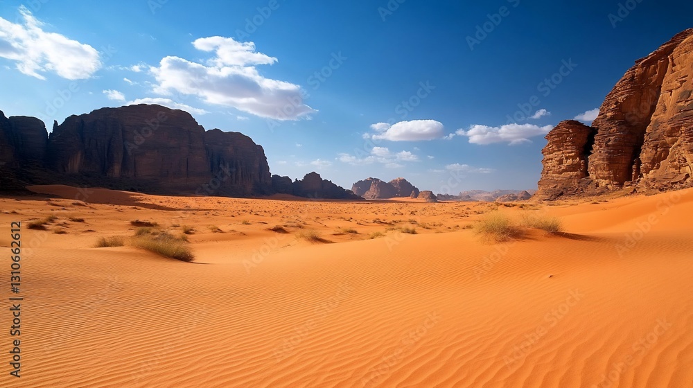 Vast, red sand desert landscape under a vibrant blue sky with rocky mountains in the background. Vast, red sand desert landscape under a vibrant blue sky with rocky mountains in the background.