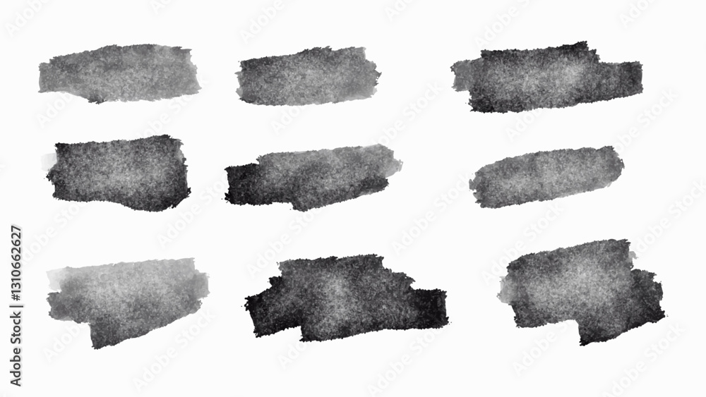 Set of of a collection of black brush strokes created in a grunge style. Vector.