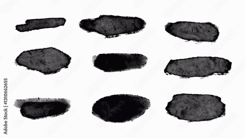 Set of of a collection of black brush strokes created in a grunge style. Vector.