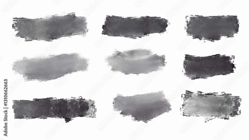 Set of of a collection of black brush strokes created in a grunge style. Vector.