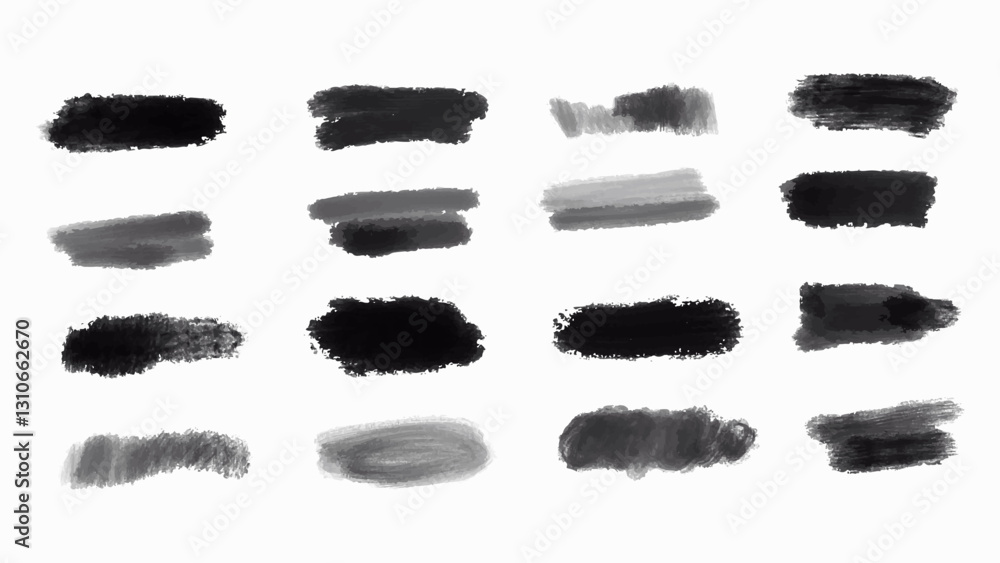Set of of a collection of black brush strokes created in a grunge style. Vector.