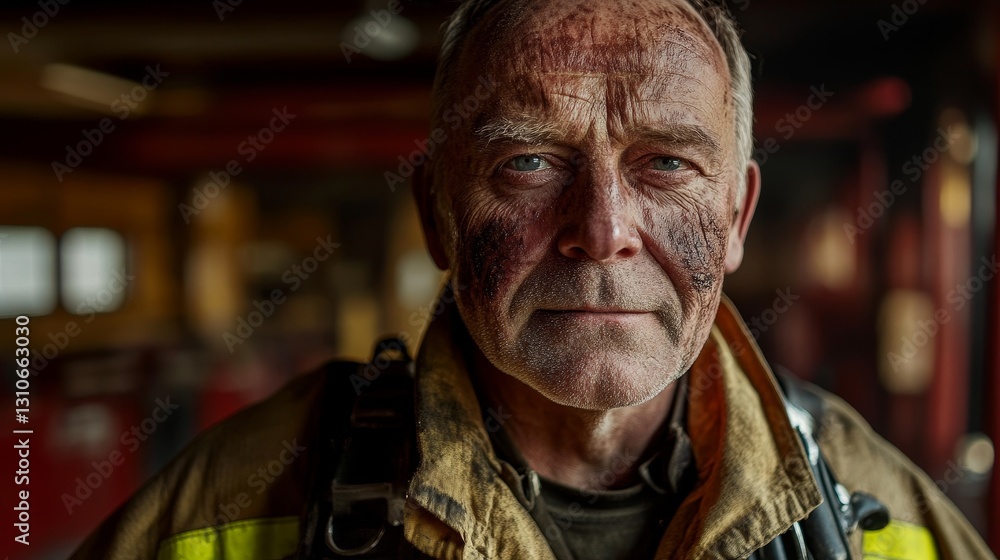 Resilient firefighter displaying courage and dedication to duty Resilient firefighter displaying courage and dedication to duty