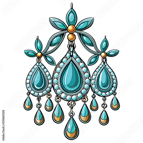 Create a realistic vector illustration of a dangling earring, showcasing intricate details and metallic sheen.  Include a detailed background.